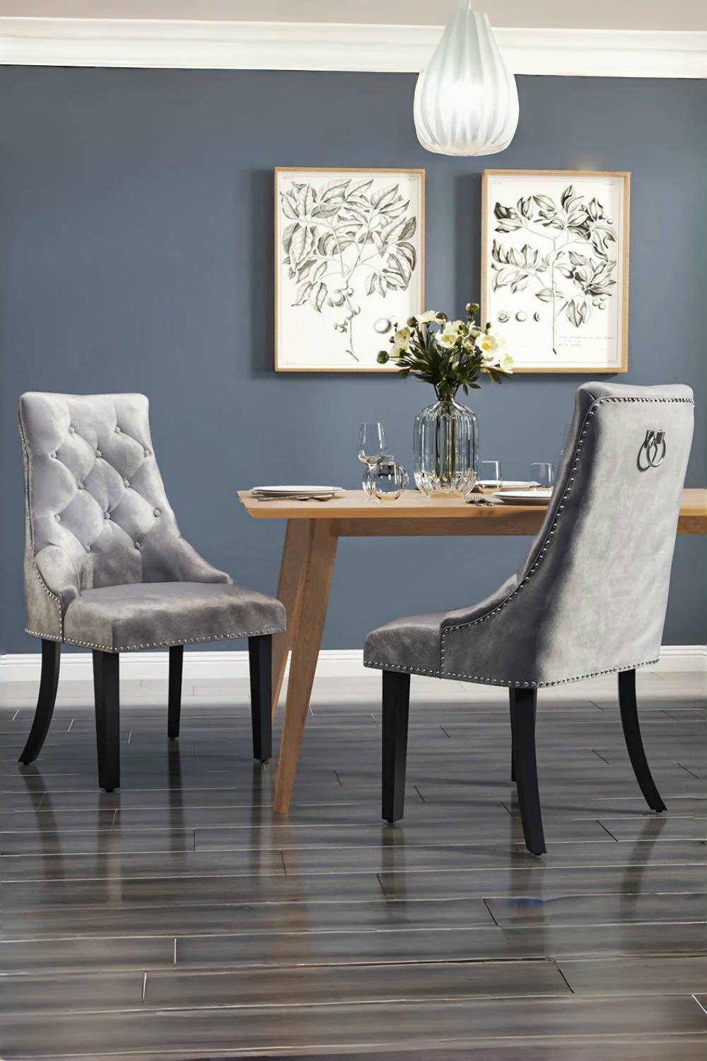 Set of 2 Velvet Button Tufted Dining Chairs with Nailhead Trim